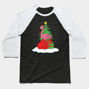 Pink Flamingo with Christmas Tree Baseball T-Shirt